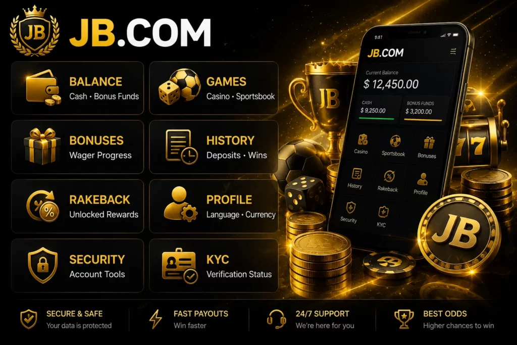 JB.COM account dashboard with balance, bonuses, profile settings and KYC.